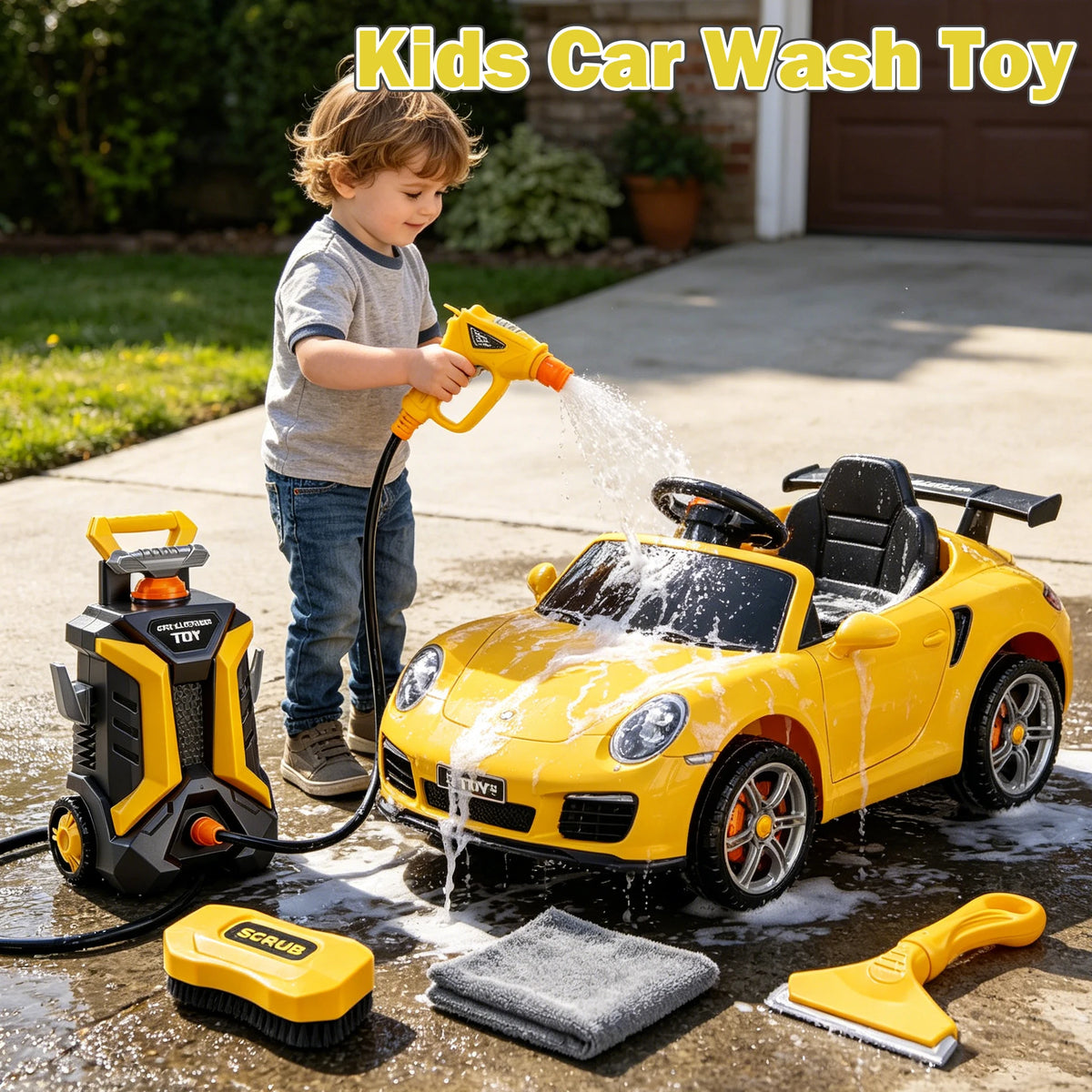Boy washing a yellow ride-on car with the Kids Car Wash Set and washing accessories in the foreground