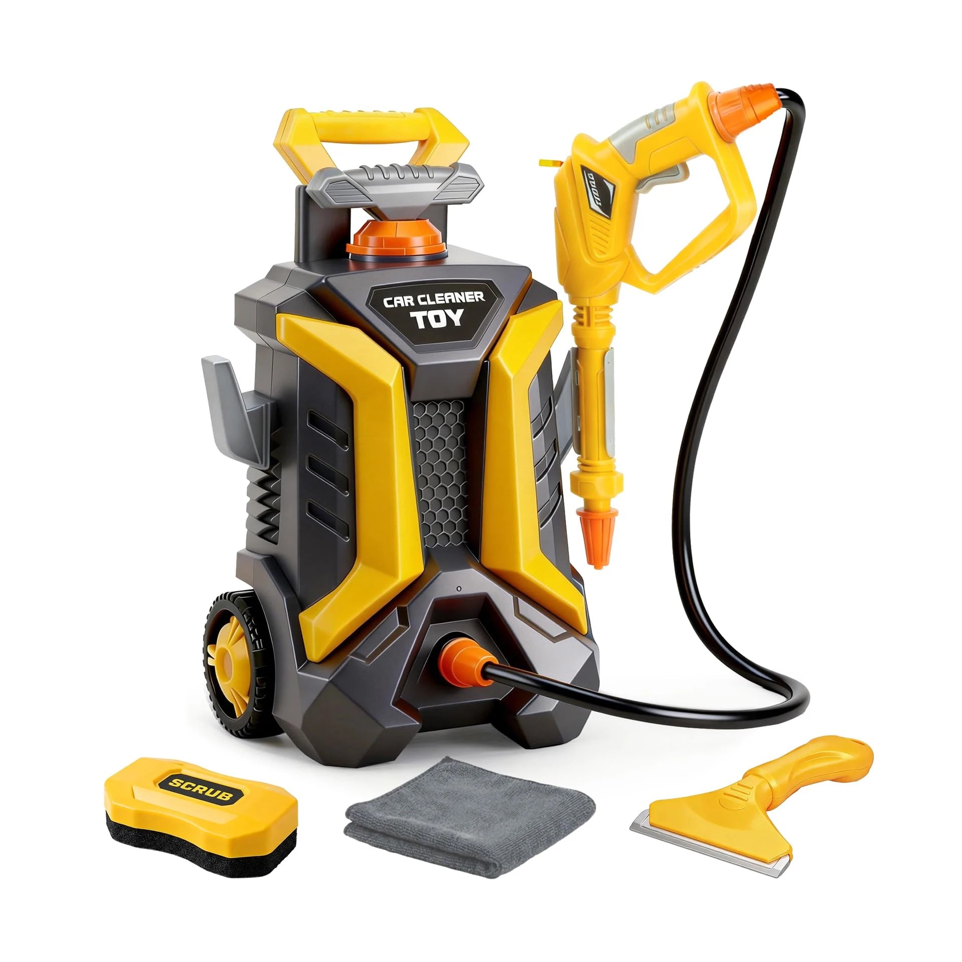 Kids Car Wash Set with yellow washer, hose, spray gun, squeegee, sponge and cloth on white