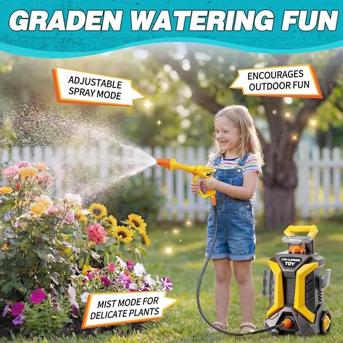 Girl watering garden flowers with the Kids Car Wash Set spray gun