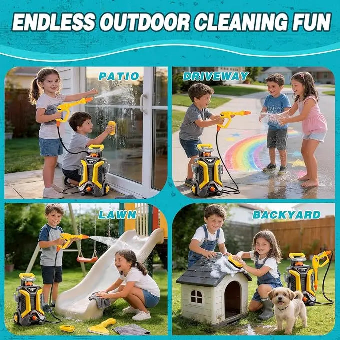 Kids Car Wash Set collage showing window, driveway, slide and doghouse washing activities
