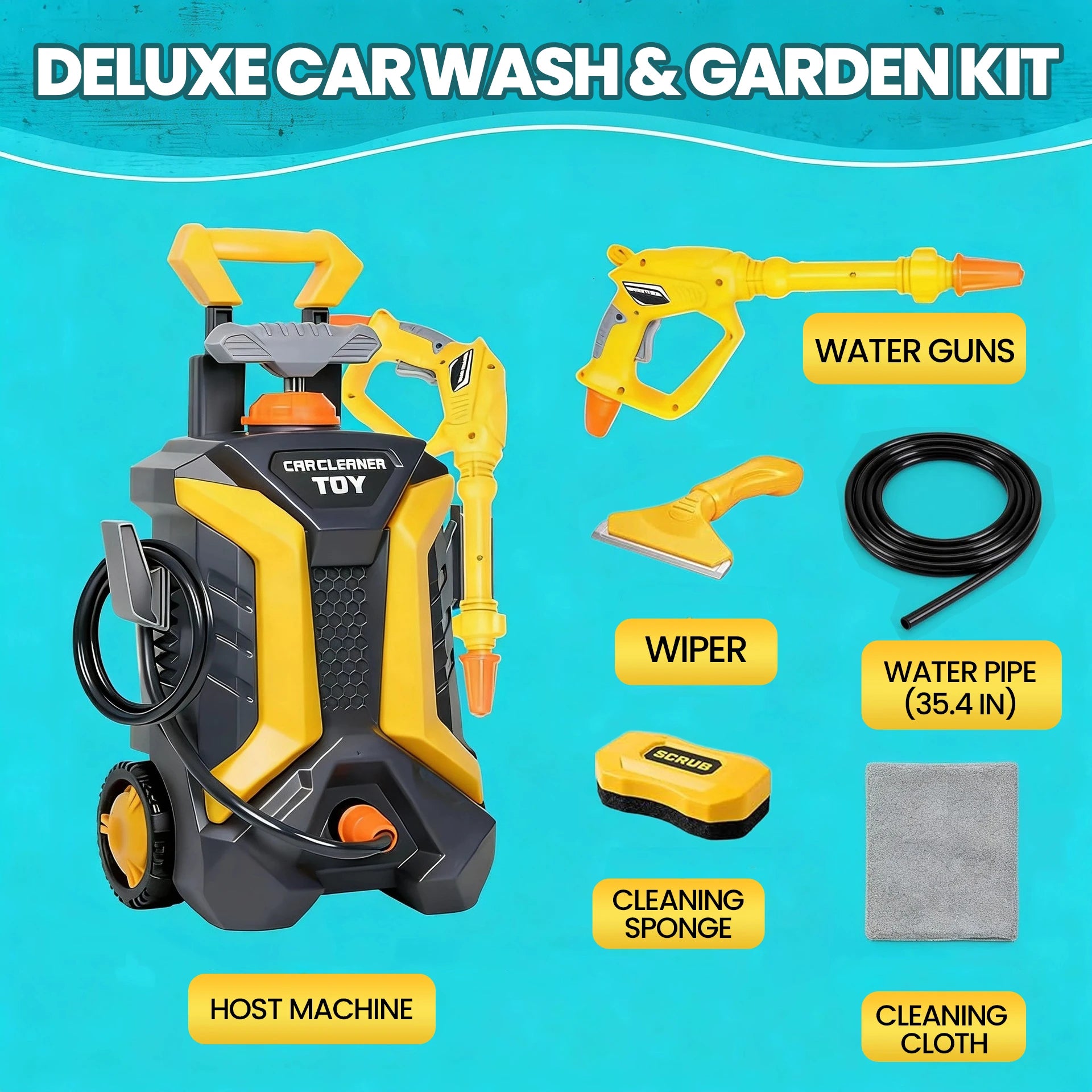 Kids Car Wash Set package contents with washer, spray gun, hose, sponge, cloth and squeegee