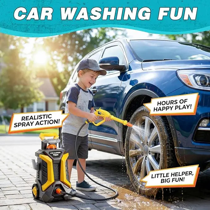 Boy using the Kids Car Wash Set to spray the wheel of a blue car