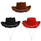 Kids Cowboy Hat supplier collage showing brown, black and red hats with white chin cords