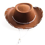 Kids Cowboy Hat in brown with white brim stitching and a hanging chin cord with slider