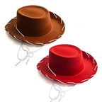 Kids Cowboy Hat brown and red pair photographed from above with white cords extending below the brims