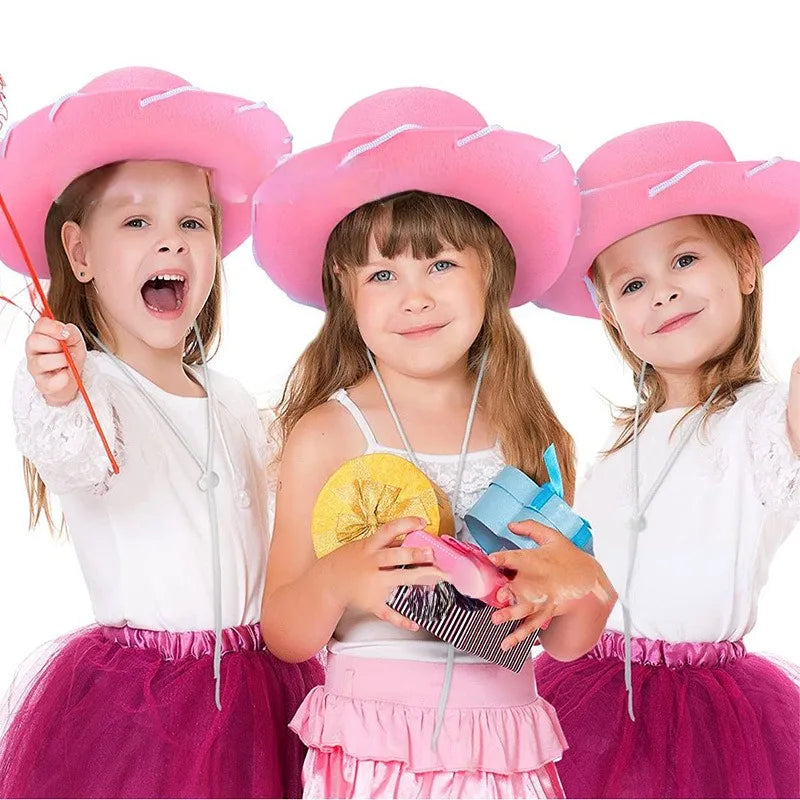 Kids Cowboy Hat in pink worn by three children in party outfits, with gift boxes held in front
