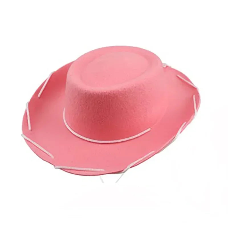 Kids Cowboy Hat in pink with white cord trim, shown from an elevated three-quarter angle