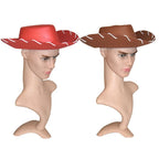 Kids Cowboy Hat in red and brown on display mannequins, showing angled side views and white brim trim