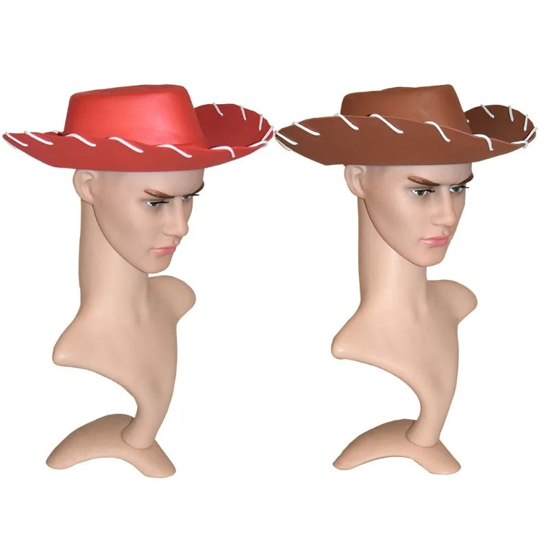 Kids Cowboy Hat in red and brown on display mannequins, showing angled side views and white brim trim