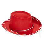 Kids Cowboy Hat in red with a white crown band and looped cord trim around the curved brim