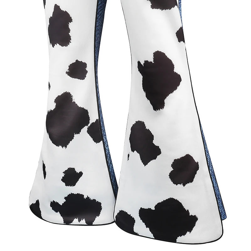 Kids Cowgirl Costume close-up of black-and-white cow-print flared pant legs