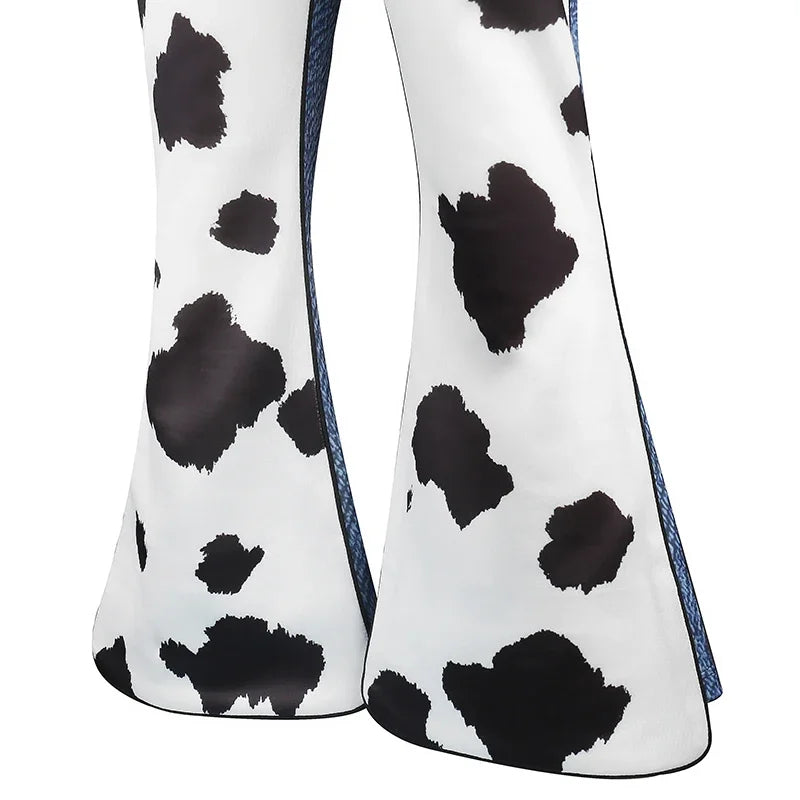 Kids Cowgirl Costume close-up of the cow-print flared pants and blue side trim