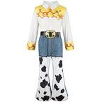 Kids Cowgirl Costume front view with yellow western top and cow-print flared pants