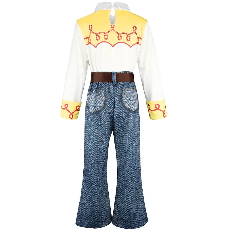 Kids Cowgirl Costume full back product view with yellow cuffs and denim-look pants
