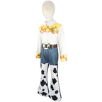 Kids Cowgirl Costume angled mannequin view showing the star top and cow-print flares
