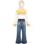 Kids Cowgirl Costume rear mannequin view showing back pockets and blue flared pants
