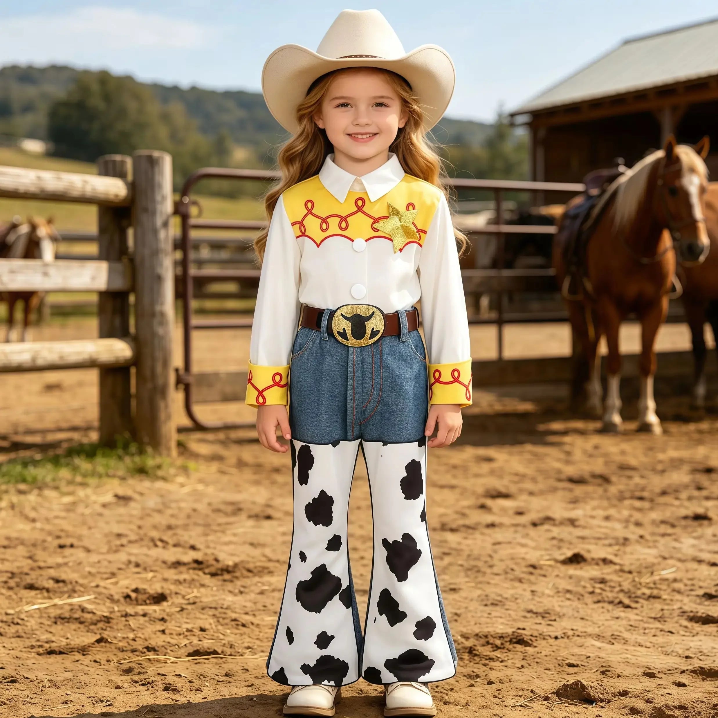 Kids Cowgirl Costume worn by a child outdoors at a ranch with a cowboy hat