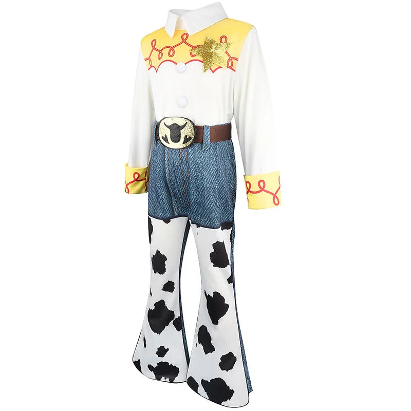 Kids Cowgirl Costume three-quarter front view with flared cow-print pant legs