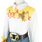 Kids Cowgirl Costume close-up of the yellow yoke, gold star, buttons, and belt detail