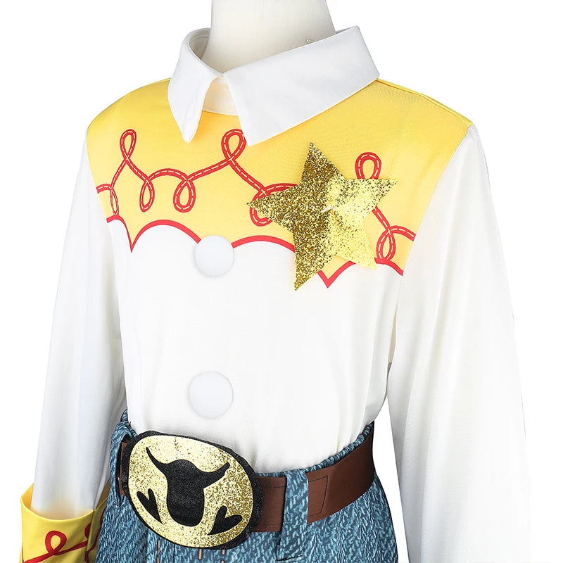 Kids Cowgirl Costume close-up of the yellow yoke, gold star, buttons, and belt detail