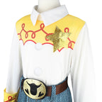 Kids Cowgirl Costume close-up of the gold star, red rope design, buttons, and belt buckle