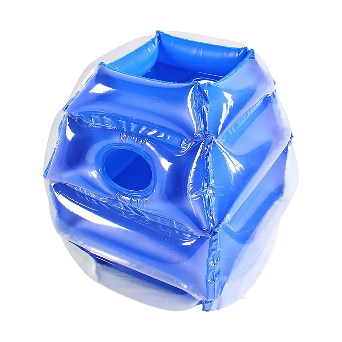 Kids Inflatable Bumper Ball in blue with inflated panels and a round arm opening on a white background.