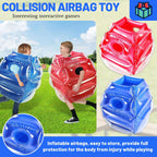 Kids Inflatable Bumper Ball collage with children playing outdoors and separate red and blue product views.