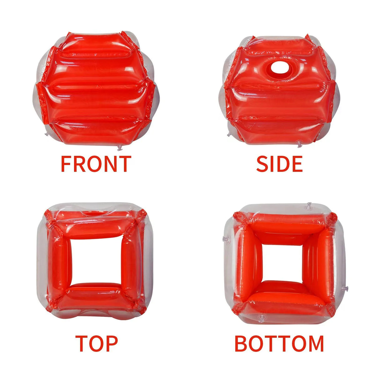 Kids Inflatable Bumper Ball in red shown from the front, side, top and bottom with labeled views.