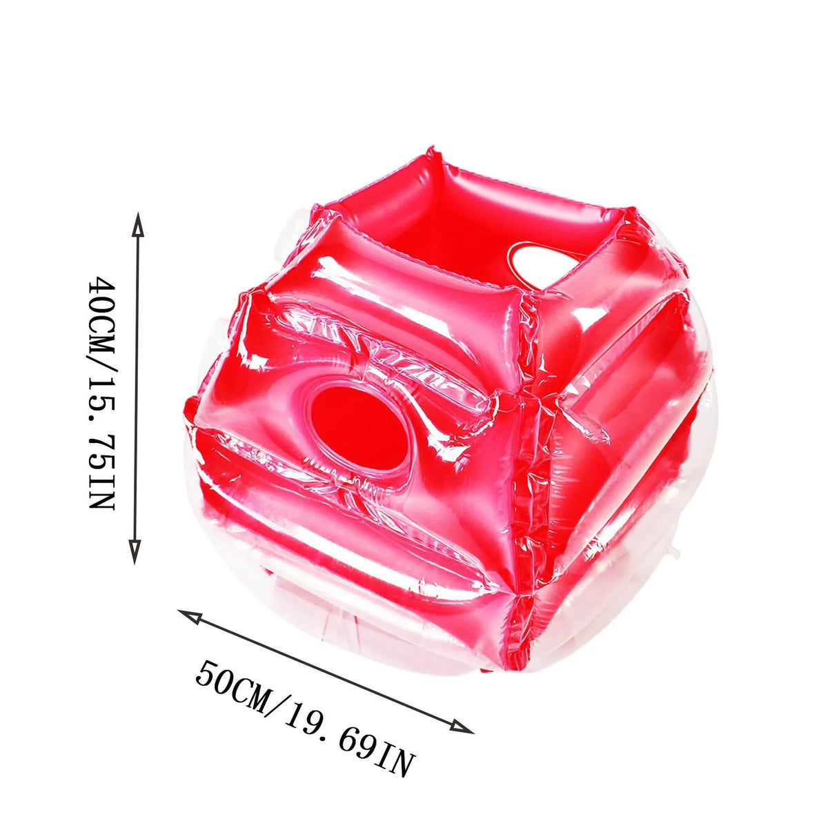 Kids Inflatable Bumper Ball size guide showing the red version at 50 cm wide and 40 cm high.