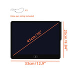 16-inch Kids LCD Drawing Tablet size diagram showing 33 by 25 cm dimensions and pen tether
