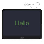 Black-backed Kids LCD Drawing Tablet with green Hello writing, stylus and tether