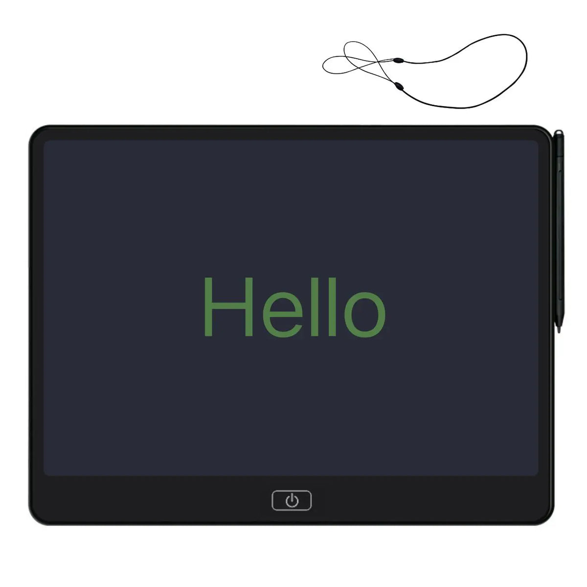 Black-backed Kids LCD Drawing Tablet with green Hello writing, stylus and tether