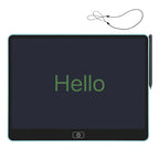Blue-backed Kids LCD Drawing Tablet with green Hello writing, stylus and tether