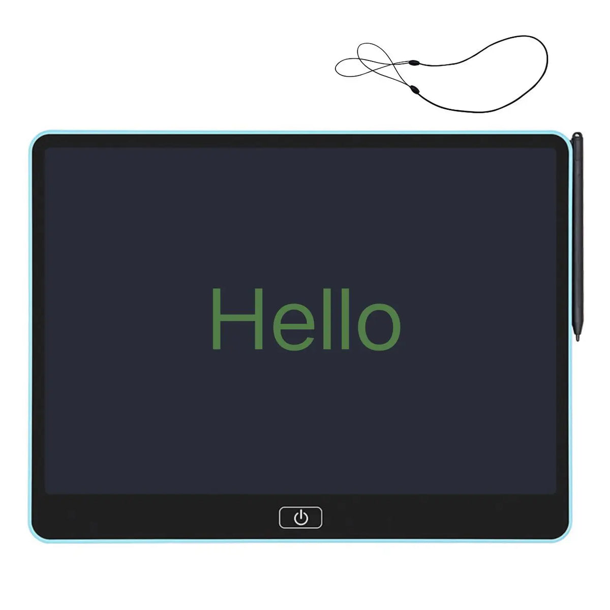 Blue-backed Kids LCD Drawing Tablet with green Hello writing, stylus and tether