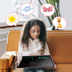 Child drawing on a pink-backed Kids LCD Drawing Tablet while seated on a sofa