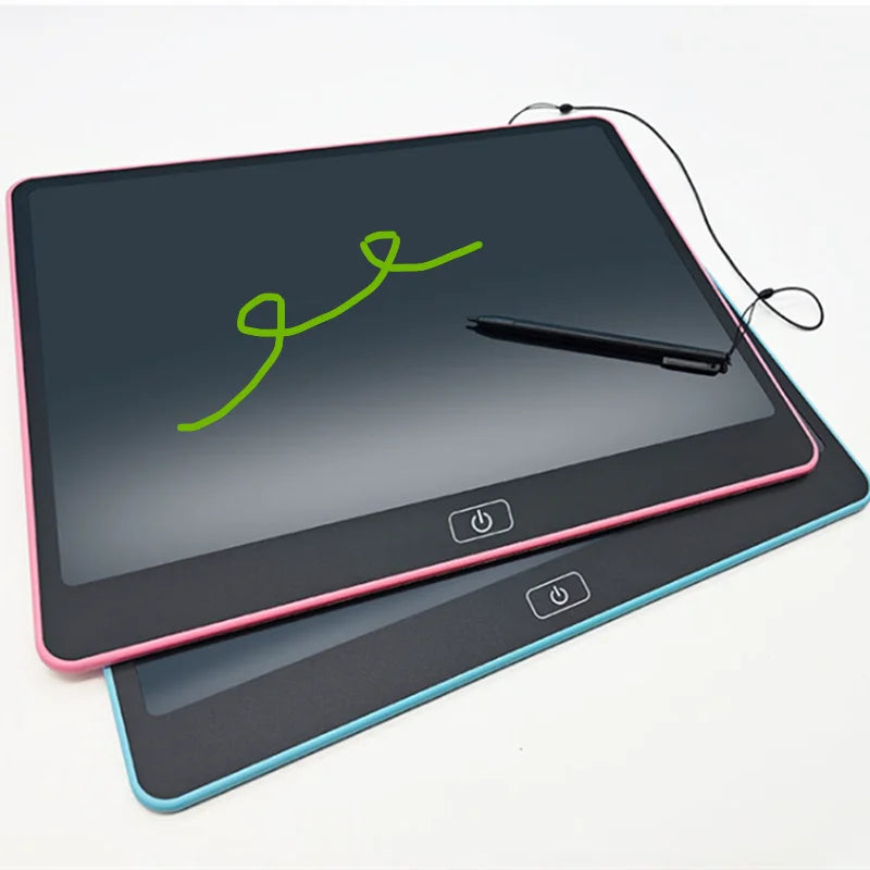 Pink and blue Kids LCD Drawing Tablets stacked with a stylus and tether