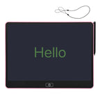 Pink-backed Kids LCD Drawing Tablet with green Hello writing, stylus and tether