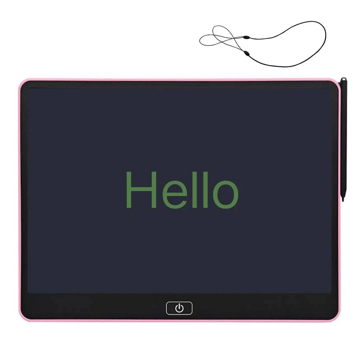 Pink-backed Kids LCD Drawing Tablet with green Hello writing, stylus and tether