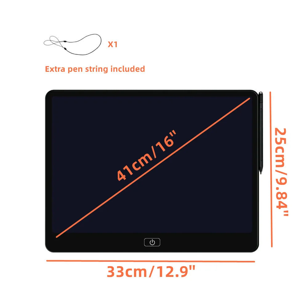 Kids LCD Drawing Tablet dimension chart showing 16-inch diagonal and included pen tether