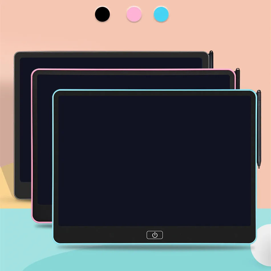 Black, pink and blue Kids LCD Drawing Tablet fronts with blank dark displays