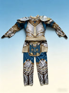 Kids Medieval Knight Costume laid flat from the front showing the complete silver, blue, and gold armor print