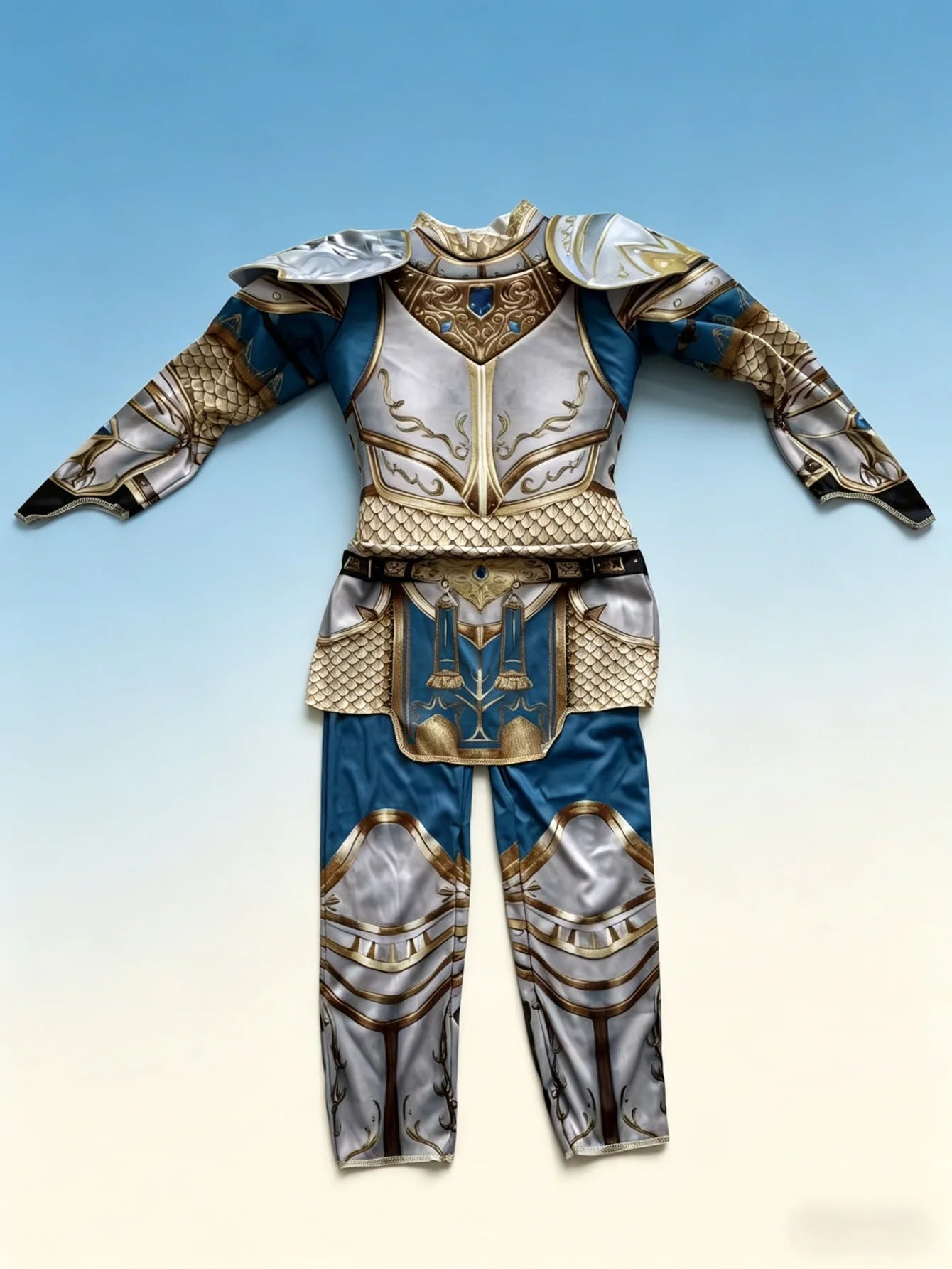 Kids Medieval Knight Costume laid flat from the front showing the complete silver, blue, and gold armor print