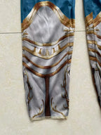 Kids Medieval Knight Costume close-up showing the silver and gold printed knee armor and lower-leg design
