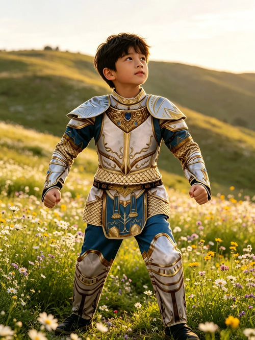 Kids Medieval Knight Costume worn outdoors showing the silver, blue, and gold printed armor design