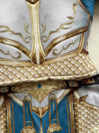 Kids Medieval Knight Costume close-up showing the printed chest armor, scale pattern, belt, and blue panel