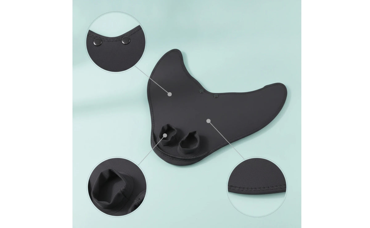 Kids Mermaid Swim Fin detail collage in a wide layout, highlighting foot openings, fasteners and edge stitching.