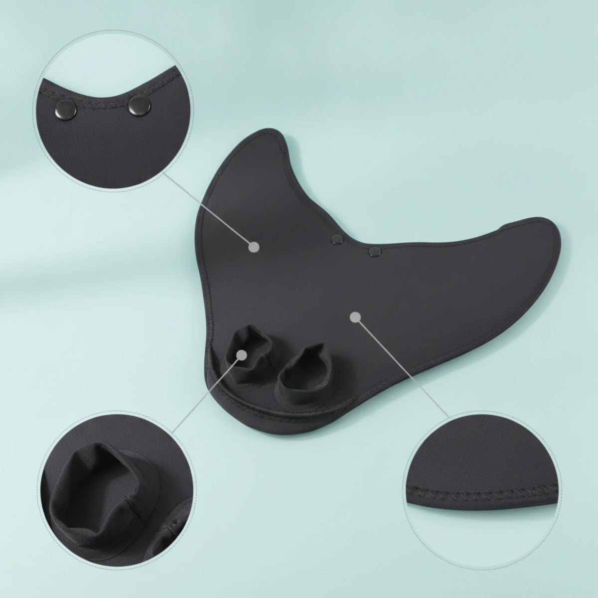 Kids Mermaid Swim Fin with close-ups of the two foot openings, round fasteners and stitched edging.
