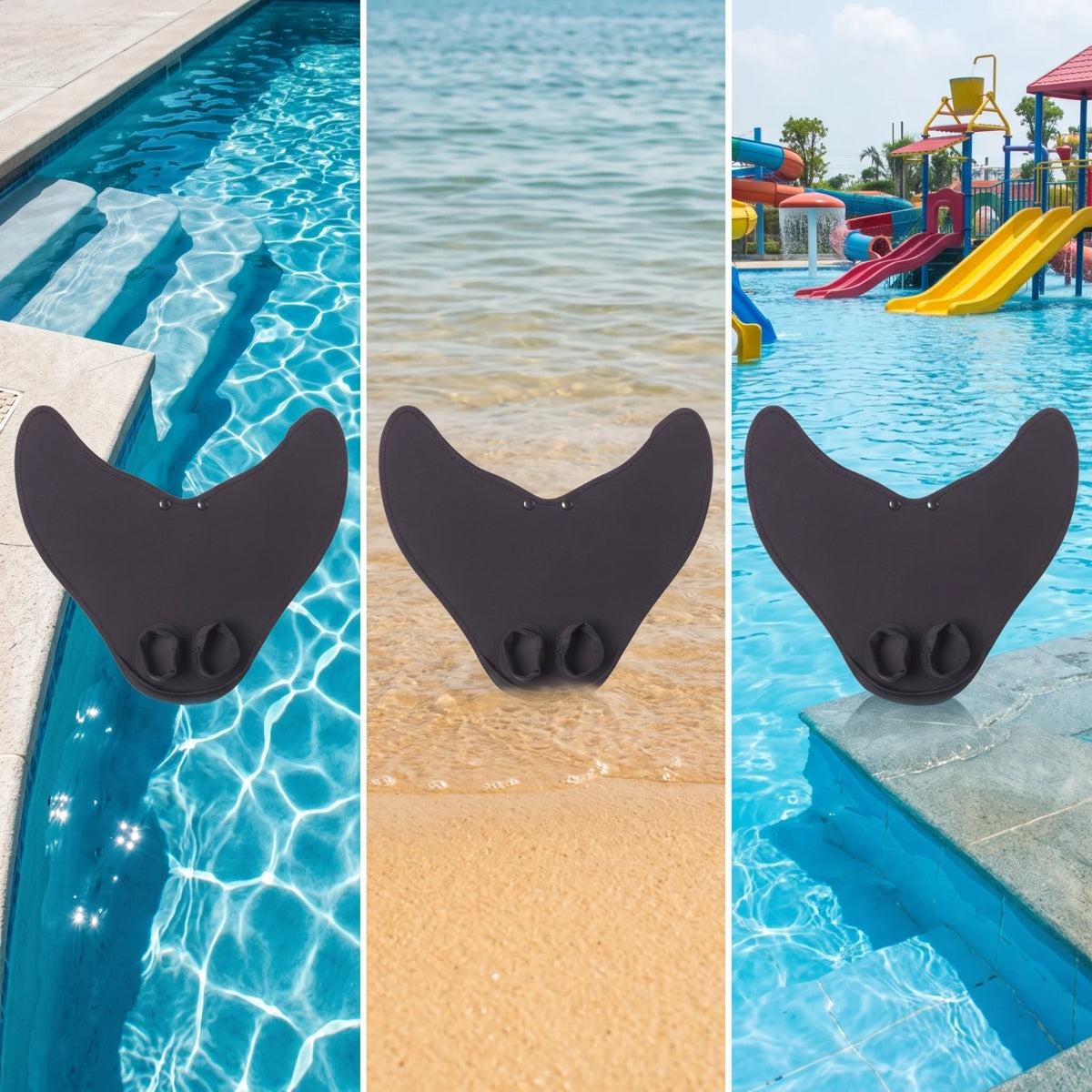 Kids Mermaid Swim Fin in a three-panel collage showing the black monofin by a pool, beach and waterpark.