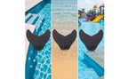 Kids Mermaid Swim Fin shown at a pool, shoreline and waterpark in a wide three-panel layout.