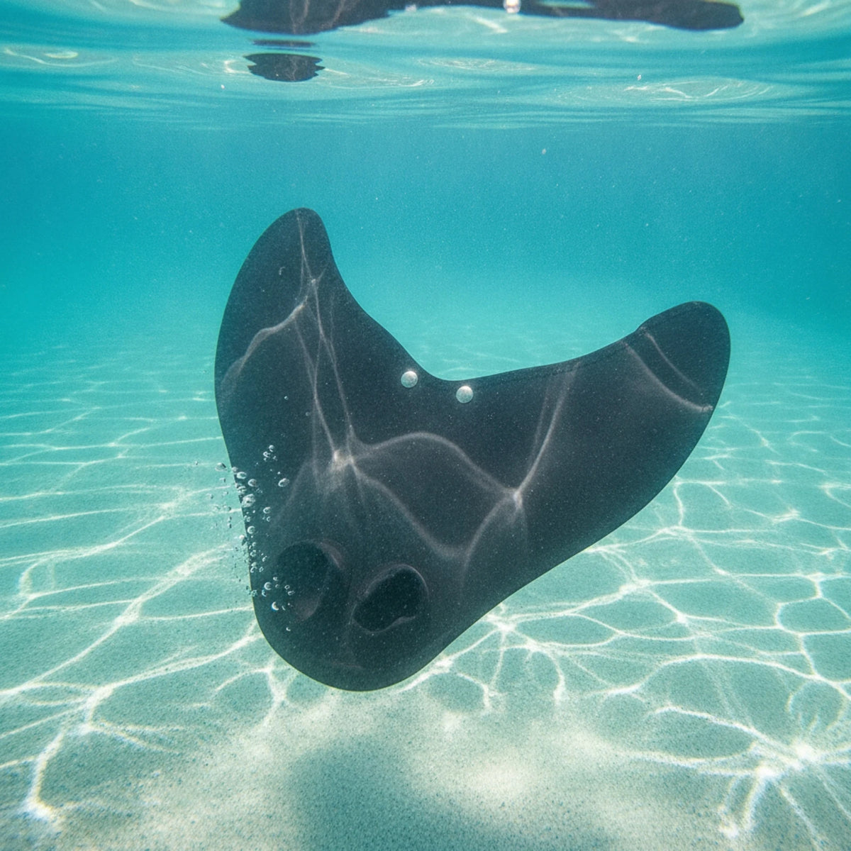 Kids Mermaid Swim Fin shown underwater, with a black tail-shaped blade and two foot openings.